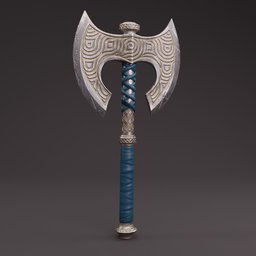 "Metal axe with blue handle ideal for military-sci-fi themed Blender 3D projects, featuring Quixel Megascans tooth texture and inspired by Korean MMO and Warhammer models. Suitable for in-game 3D models and museum item displays."