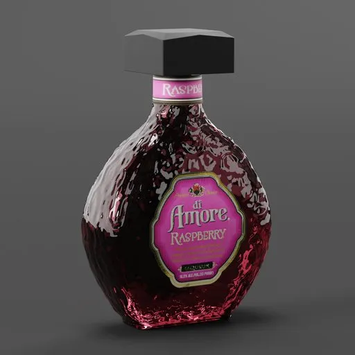 High-res Blender 3D model featuring textured raspberry liqueur bottle with detailed label and reflection.