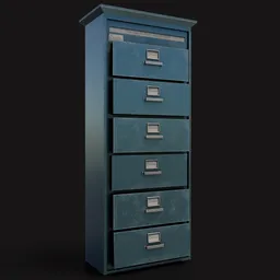 Alt text: "Blender 3D Metal Cabinet for Detective scenes. Ready for export to Unreal Engine and other software. Includes textured five-drawer blue cabinet in a government archive style."