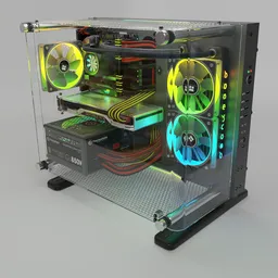 Detailed Blender 3D model of a custom Mini ITX PC featuring Nvidia RTX 2080, M.2 SSDs, and AIO cooling with animated RGB lighting.