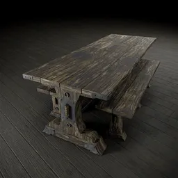 Detailed rustic wooden 3D table model suitable for tavern setups, featuring 4K textures and multiple UVs, compatible with Blender.