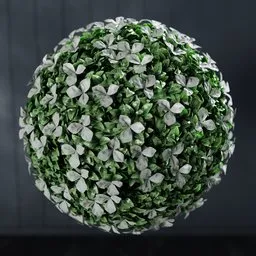 "Artificial gardenia ball 3D model for Blender 3D - hyperdetailed and eco-friendly with Houdini algorithmic pattern and obsidian globe. Perfect for indoor nature scenes with reflective metallic elements and shrubbery."