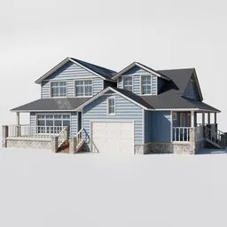 Detailed 3D model of a blue classic style two-story house with porch and garage, Blender compatible.