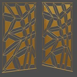 "Low poly 3D model of gold foil partition with nesting glass doors and symmetrical patterns, designed for interior decoration in Blender 3D software. Features folded geometry, pointed arches, and ut 4 reference images pose. Procedurally generated with variations and side views."