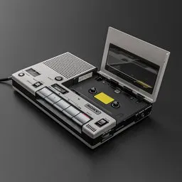 "Game-ready Sony TC-1100 Cassette Player in silver with realistic textures, made in 2019 using Blender 3D. This audio device model is inspired by artists Nick Gentry and Vija Celmins, and is perfect for product renders and prototype car designs."
