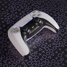 "Get your game on with this DualSense controller for the Playstation 5 in a sleek white-grey-blue color palette, featuring a silicone patch design. Modeled in Blender 3D and rendered in UE5, this retro-inspired controller is a must-have for any Twitch streamer or gaming enthusiast. Rated highly by users, available on official store with a featured spot on Dribble."