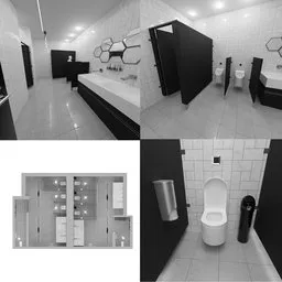 Detailed 3D model of public restroom with complete fixtures and lighting, in monochrome for Blender.