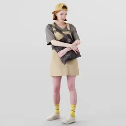 Realistic Blender 3D model of a stylish petite figure with a yellow cap and colorful attire, perfect for urban scene rendering.