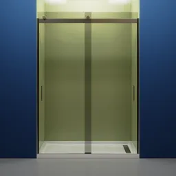 "Sliding glass shower doors, pan, and drain 3D model for Blender 3D. Can be easily opened with included Empty. Elevator, wet reflective concrete, ladder, and Japanese collection product featured in the render."