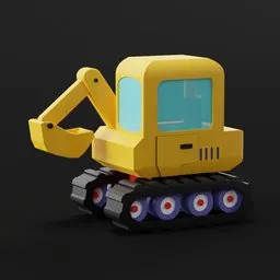 "Low poly Bulldozer model for Blender 3D - Playful and animated industrial vehicle. Yellow toy excavator on a black background, inspired by clash royal style characters. Ideal for 3D printing, game assets, and AI app icons."