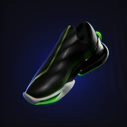 Sleek 3D-rendered sneaker model in dynamic pose with neon highlights, ideal for Blender mockups.