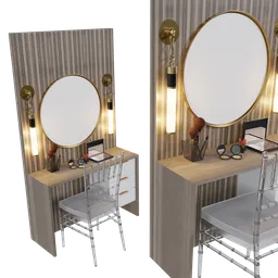 Detailed wooden makeup table 3D model with illuminated mirror and accessories, created in Blender.