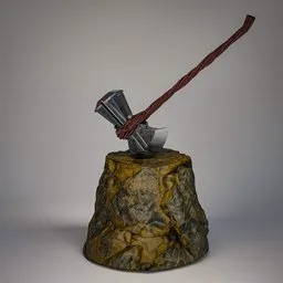 Detailed 3D model of an axe embedded in a stone, designed for Blender, showcasing intricate textures and lighting.