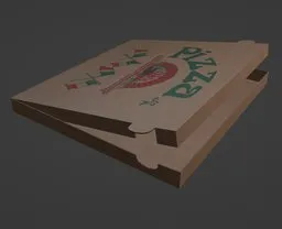 Realistic half-closed pizza box 3D model with detailed textures for Blender rendering and tabletop scenes.