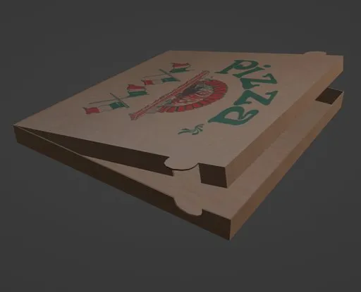 Realistic half-closed pizza box 3D model with detailed textures for Blender rendering and tabletop scenes.
