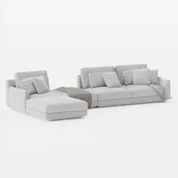 3D-rendered minimalistic couch model in light grey with pillows, compatible with Blender for interior design.