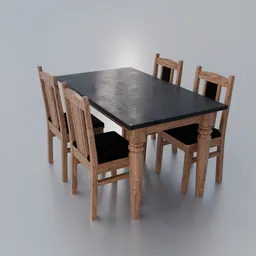 Detailed 3D model of a wooden dining table set with four chairs for Blender rendering.