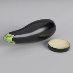 Realistic Blender 3D eggplant model with a smooth finish and sliced piece, ideal for detailed renderings.