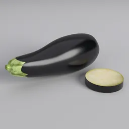 "Highly-detailed 3D model of an Eggplant set, including a black eggplant and a cut version, created in Blender 3D software. Features realistic textures and a single solid body design, perfect for use in photorealistic renders and surrealistic compositions."