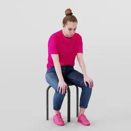 Realistic 3D model of a seated young woman with a bun, pink shirt, jeans, and sneakers, suitable for Blender designs.
