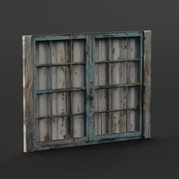 Detailed vintage wooden window 3D model for Blender, with weathered blue paint and iron bars.