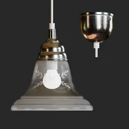 3D-rendered rustic Scandinavian-style ceiling lamp with glass cloche, etched floral design, and scuffed metal detailing for vintage visualizations.