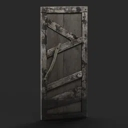 Weathered wooden 3D model door with metal hinges for Blender rendering and architectural visualization.