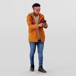 Realistic male 3D model in orange jacket using smartphone, Blender compatible, detailed textures.