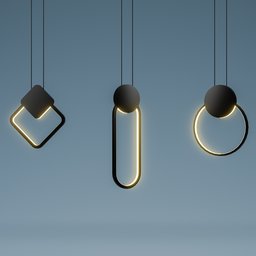 "Stylish LED Pendant Light with black marble, gold, and interconnecting metal rings. Three hanging lights with oled technology and a unique hook ring design. Ideal for modern interiors and created with Blender 3D software."