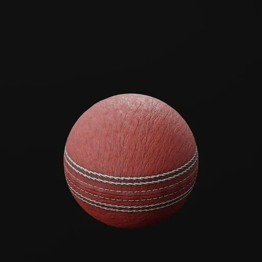 Detailed 3D model of a textured red cricket ball with prominent seam, perfect for Blender rendering and sports simulations.