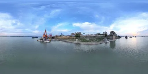 360-degree panoramic HDR image with urban sunset by the river, ideal for realistic lighting in 3D scenes.