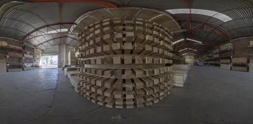 Industrial warehouse HDR lighting with stacked lumber and intricate timber column structure for 3D scene illumination.