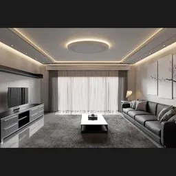Elegant 3D-rendered modern living room with sophisticated lighting and decor, ready for Blender 4.0+.