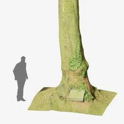 Detailed 3D oak tree model with PBR textures next to a gravestone for Blender rendering.