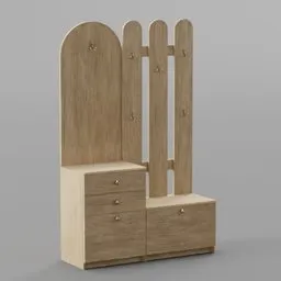 Detailed Blender 3D model of a wooden wardrobe rack with drawers, ideal for interior design visuals.