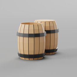 "Low poly game asset of two wooden barrels with black bands, suitable for Blender 3D. Inspired by Mario Comensoli, the barrels feature rounded corners and ribbed sides, rendered in Cinema4D and shaded in Soft Image. Perfect for game environments and realistic scene setups."