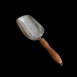 Realistic 3D model of a metal shovel with a wooden handle crafted in Blender.