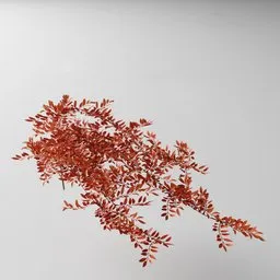 "3D artificial tendril arrow rose vase with wilting autumnal plant and red leaves on a table. Medium poly model created with Blender 3D and Bagapia addon, featuring geometry nodes. Perfect for nature-inspired indoor scenes."