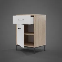 "Modern Commode with Drawer and Door - 3D Model for Blender 3D" - This openable small size cabinet with metal legs is a modern piece of furniture that includes 1 drawer and 1 door. Made in 2019 with excellent quality rendering and stylised design, this Stanislav Vovchuk inspired commode is perfect for any vertical movie frame or website.