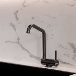Sophisticated black 3D Blender model of a modern kitchen faucet with a realistic marble countertop setting.
