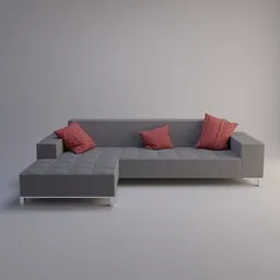 Modern grey L-shaped 3D sofa model with red cushions, designed for Blender rendering.