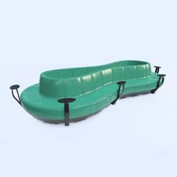 Curved green plastic 3D bench model with integrated black tables, designed for Blender rendering.