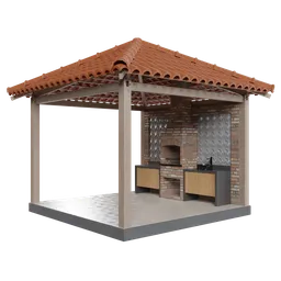 "Get ready for summer with this 3D model of a rustic outdoor kitchen, complete with grill and old stone construction. Perfect for Blender 3D, this commercially ready model features vector technical documents, tiled roofs, and an authentic Roman style."