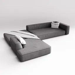 "3D model of a minimalistic, monochrome Comfy Sofa with a matching chair and bed on the right, featuring front pockets and a cozy blanket. Symmetrical full-body rendering perfect for cuddling. Featured on Polycount and created with Blender 3D software."