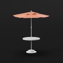 "Outdoor restaurant table and umbrella 3D model rendered in Blender 3D. This Scandinavian style design features a red umbrella and a round roof, inspired by artist Zhou Jichang. Ideal for adding a touch of summer ambiance to your virtual scenes, perfect for architectural visualization or animation projects."