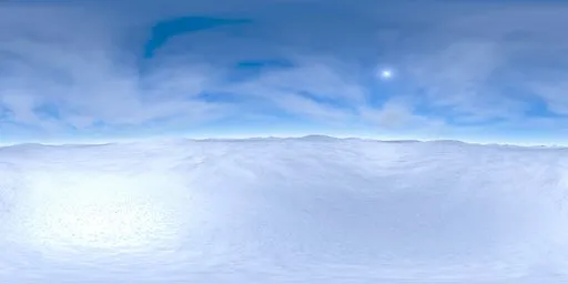 360-degree panoramic HDR for virtual lighting, featuring a serene snow-covered terrain under a vast cloudy sky.