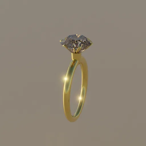 Detailed 3D rendering of a solitaire diamond engagement ring with a polished 18K gold band.
