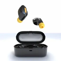 "Realistic Low Poly TWS Earbuds with Black/Yellow Case - BlenderKit 3D Model"