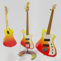 "Get ready to rock with the Fender Player Plus Active Meteora Bass 3D model in Tequila Sunrise color, designed for improved playability and a unique look. This bass comes with a matching guitar strap and Bulldog stand for a complete setup. Perfect for Blender 3D users looking for an accurate and detailed instrument model in their virtual stage."