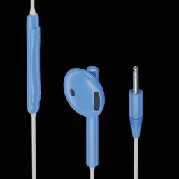 Detailed 3D model of blue earphones with volume control and standard jack for Blender design projects.
